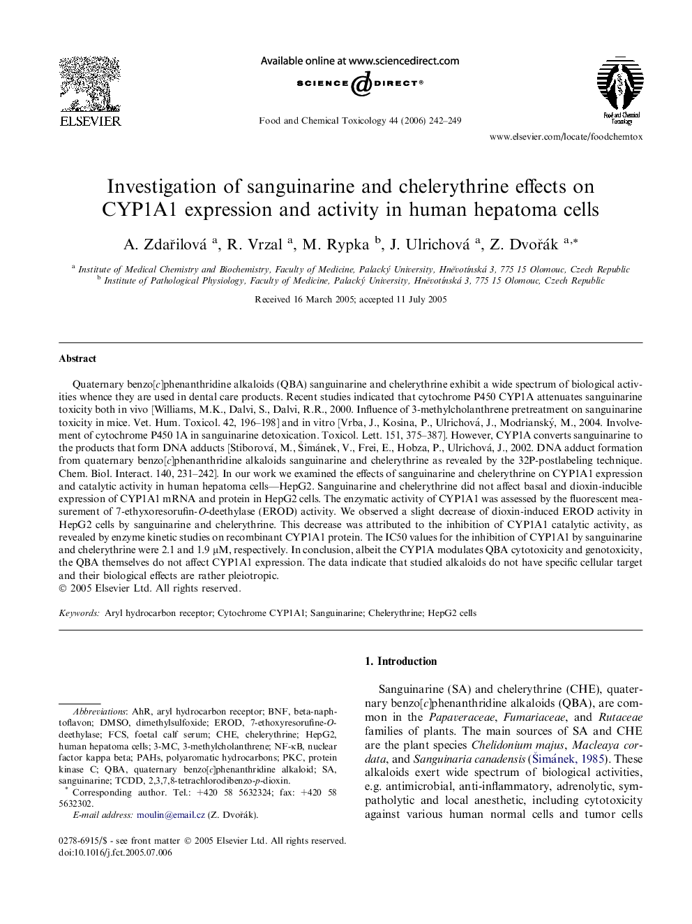 Investigation of sanguinarine and chelerythrine effects on CYP1A1 expression and activity in human hepatoma cells