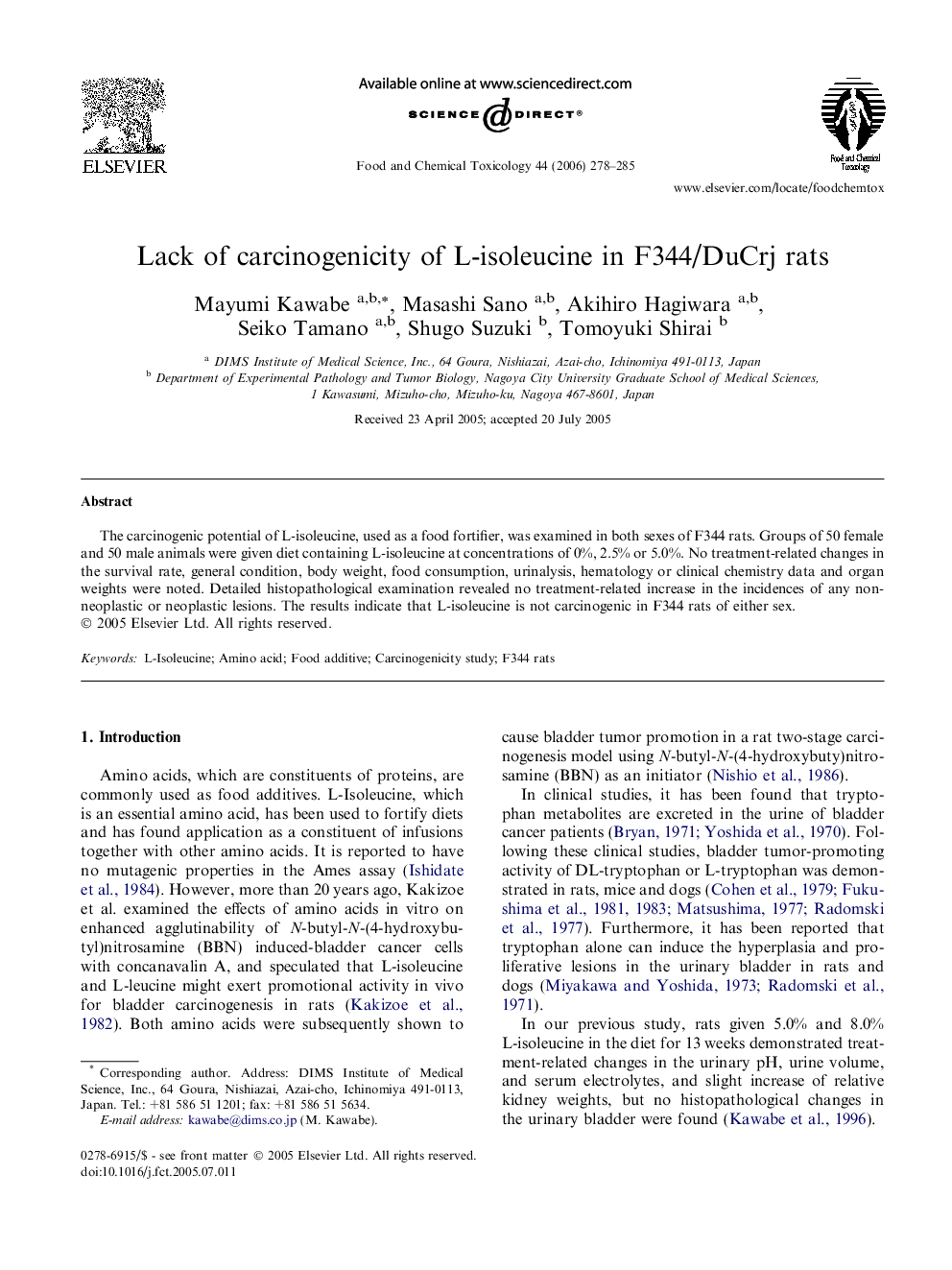 Lack of carcinogenicity of L-isoleucine in F344/DuCrj rats