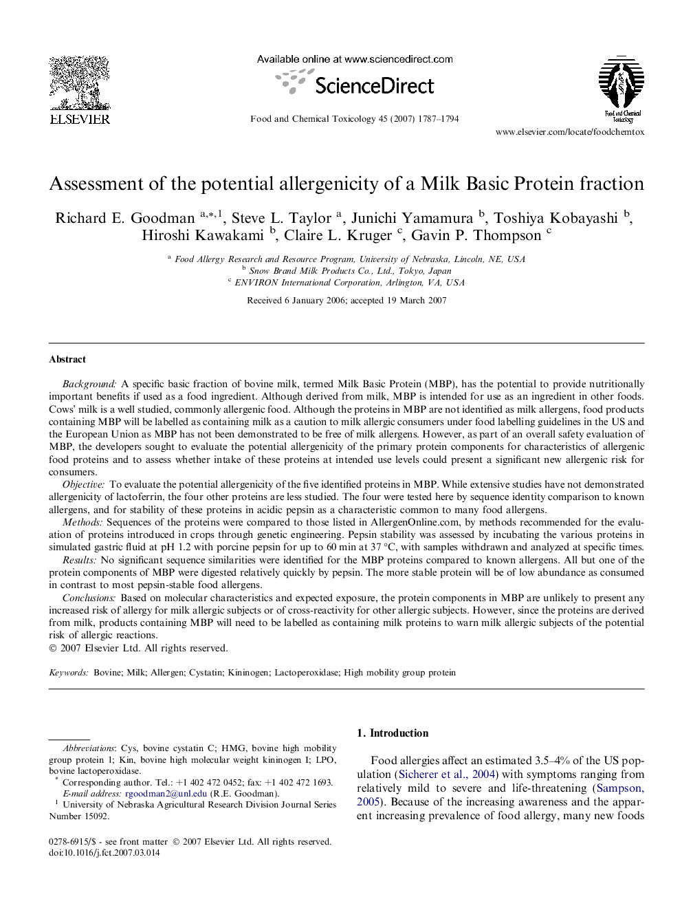 Assessment of the potential allergenicity of a Milk Basic Protein fraction