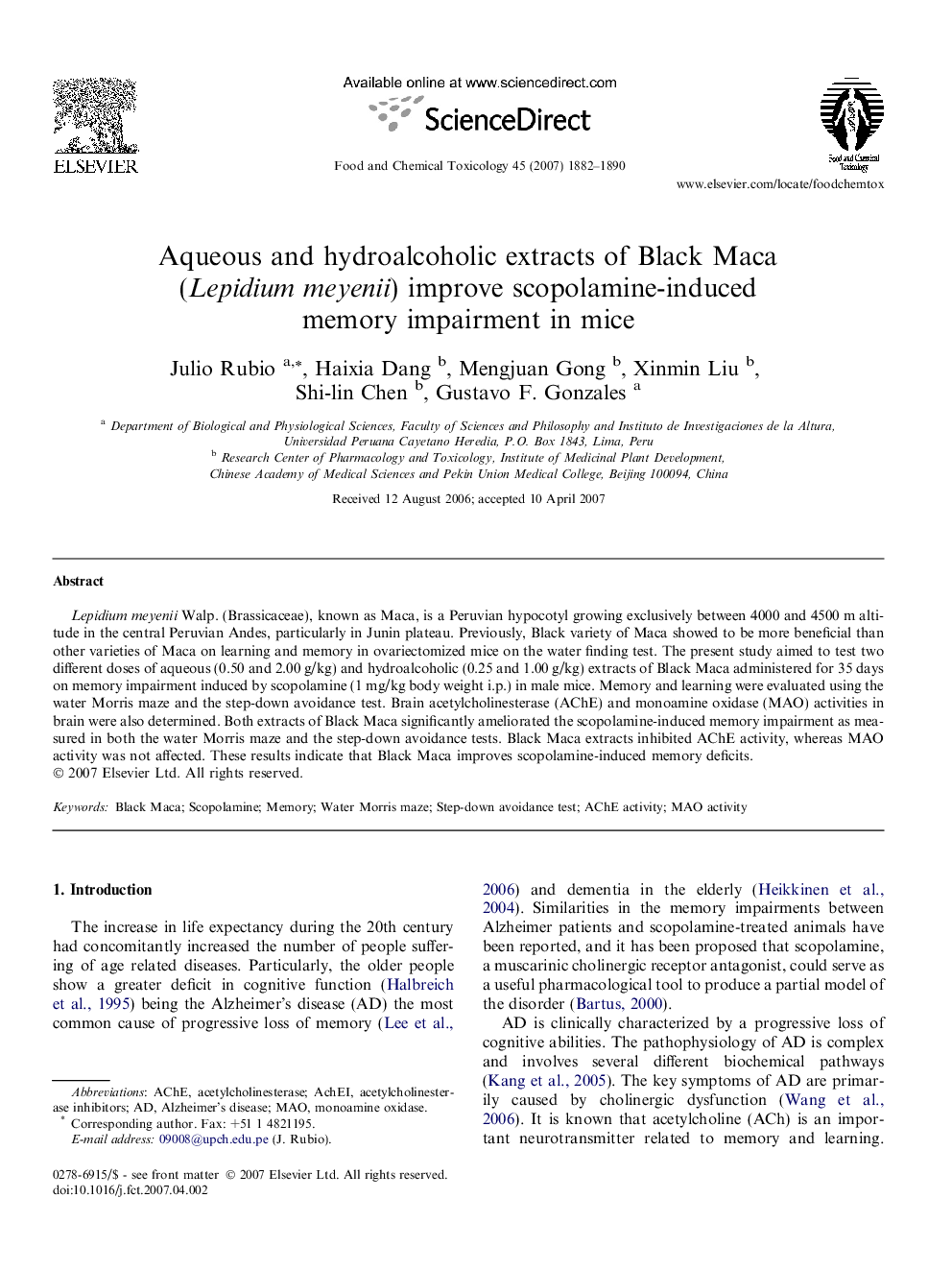 Aqueous and hydroalcoholic extracts of Black Maca (Lepidium meyenii) improve scopolamine-induced memory impairment in mice