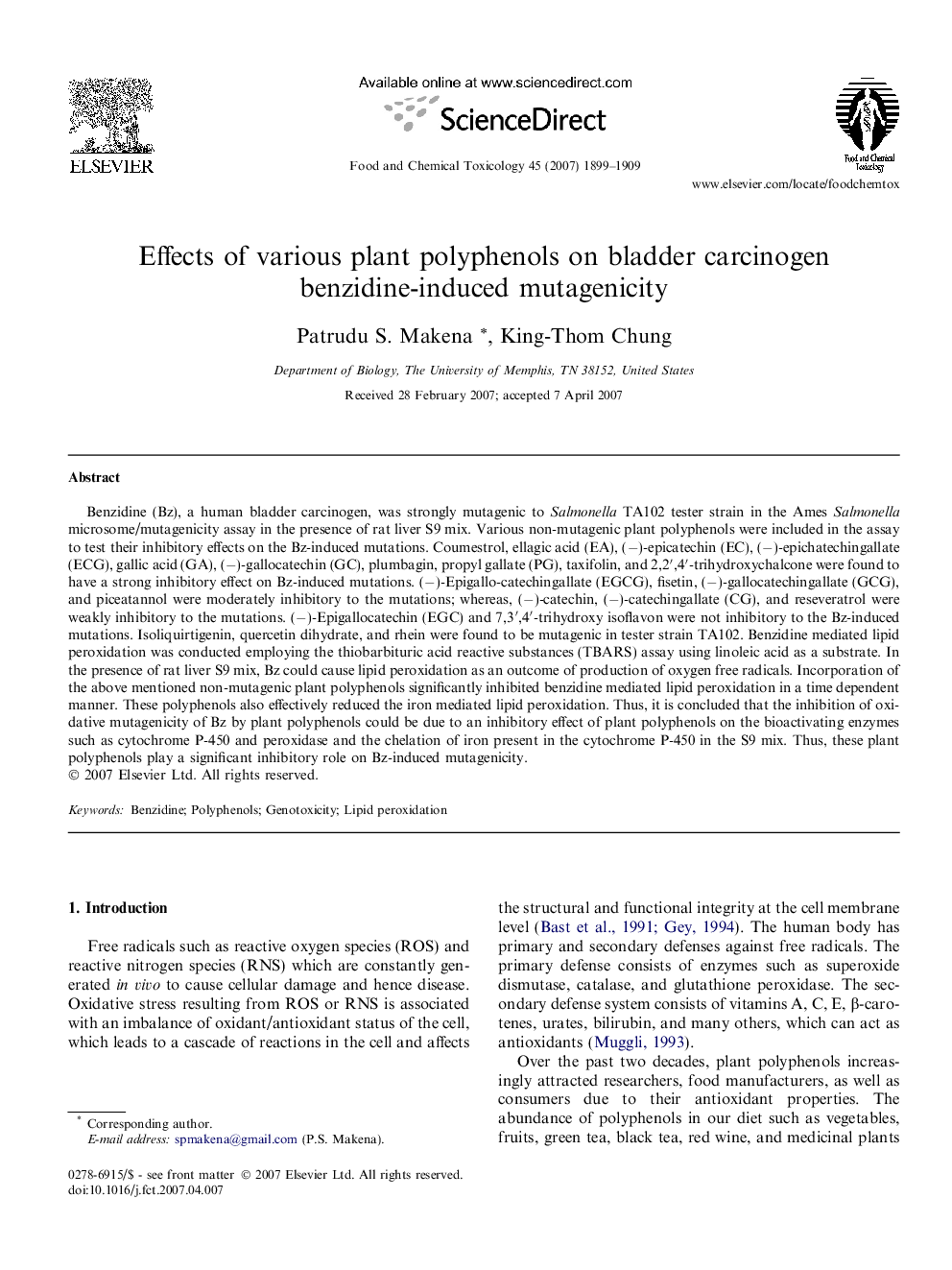 Effects of various plant polyphenols on bladder carcinogen benzidine-induced mutagenicity