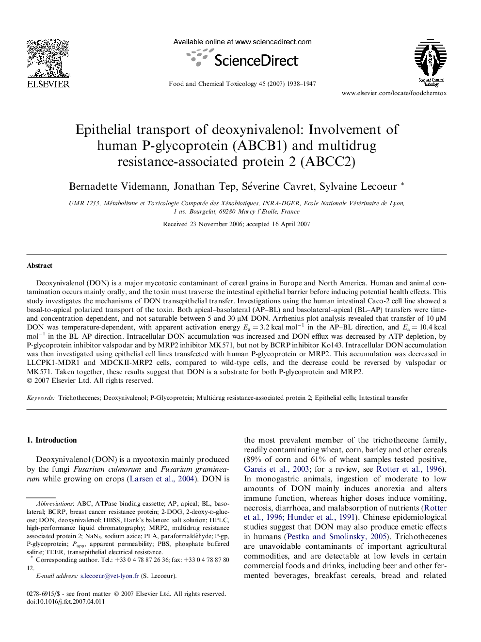 Epithelial transport of deoxynivalenol: Involvement of human P-glycoprotein (ABCB1) and multidrug resistance-associated protein 2 (ABCC2)