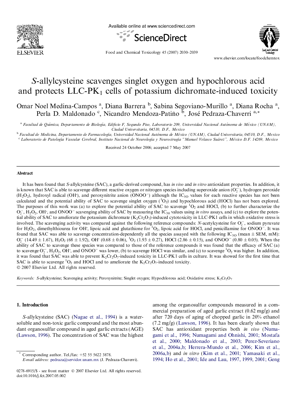 S-allylcysteine scavenges singlet oxygen and hypochlorous acid and protects LLC-PK1 cells of potassium dichromate-induced toxicity