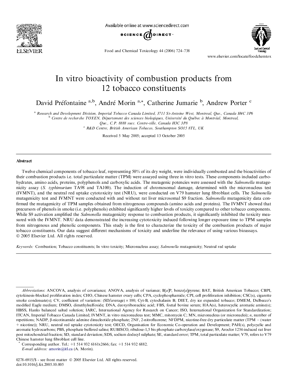 In vitro bioactivity of combustion products from 12 tobacco constituents