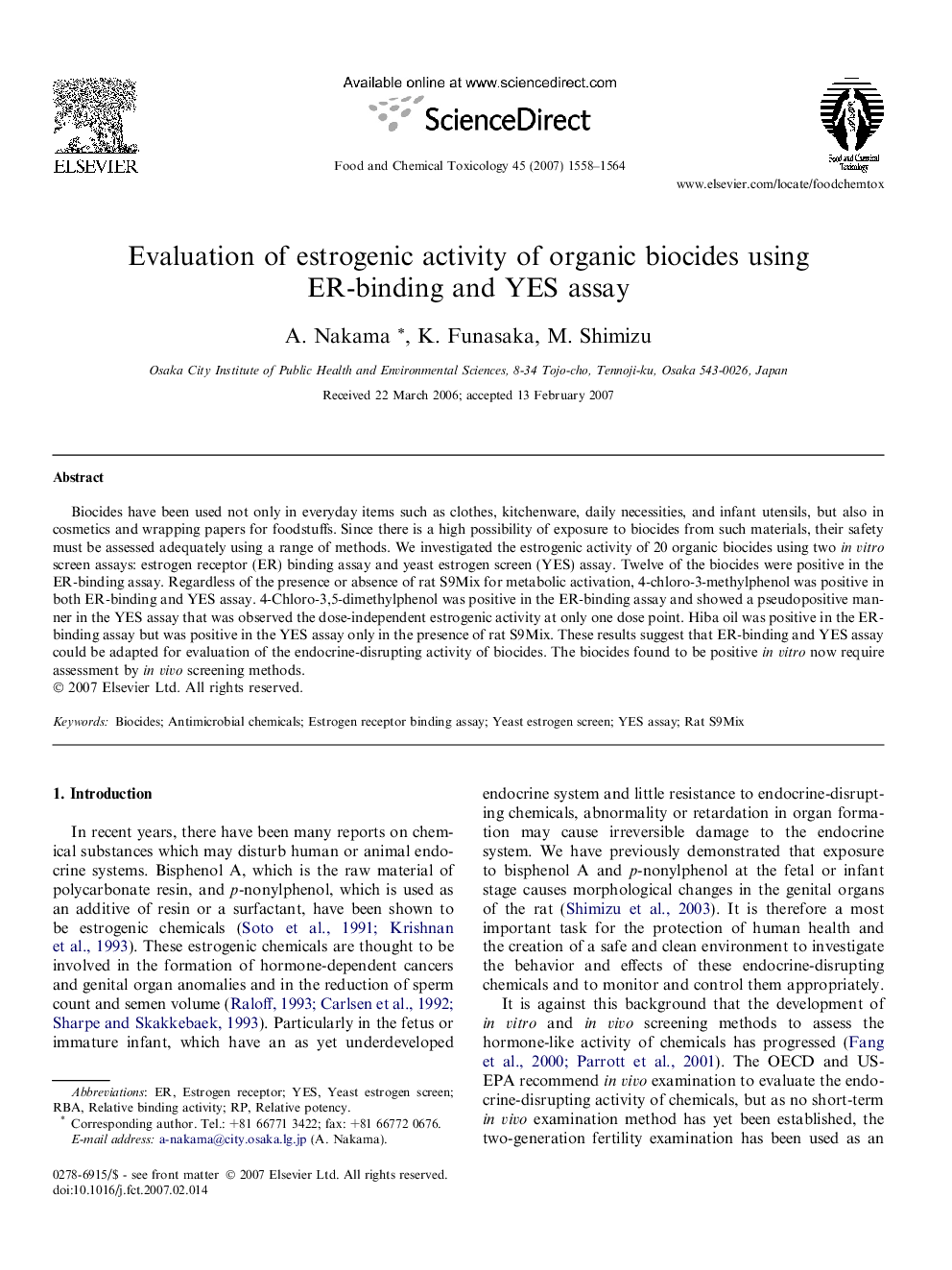 Evaluation of estrogenic activity of organic biocides using ER-binding and YES assay