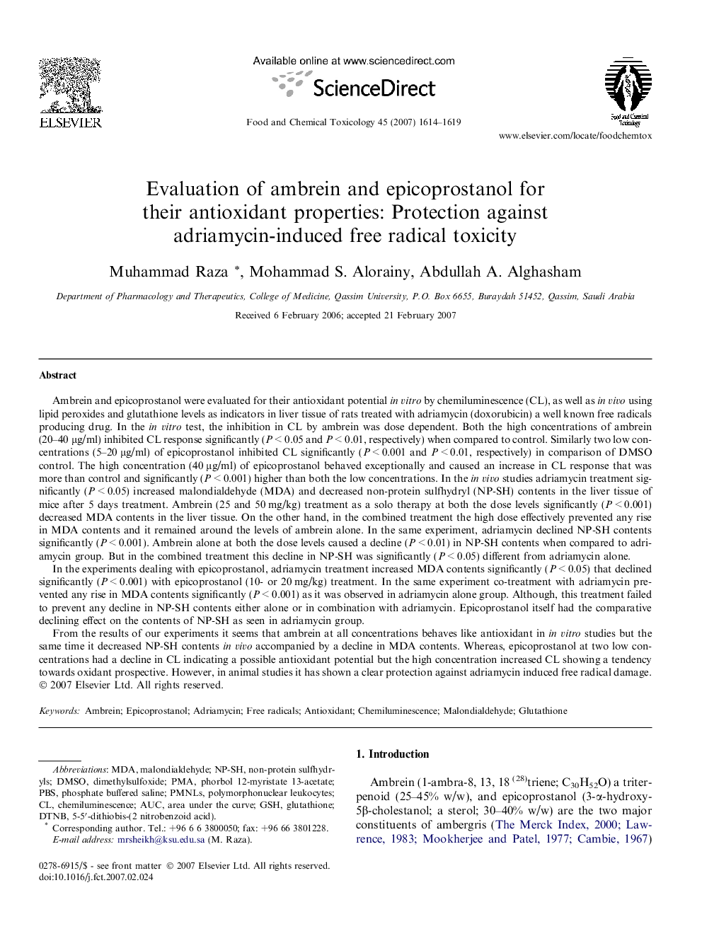 Evaluation of ambrein and epicoprostanol for their antioxidant properties: Protection against adriamycin-induced free radical toxicity