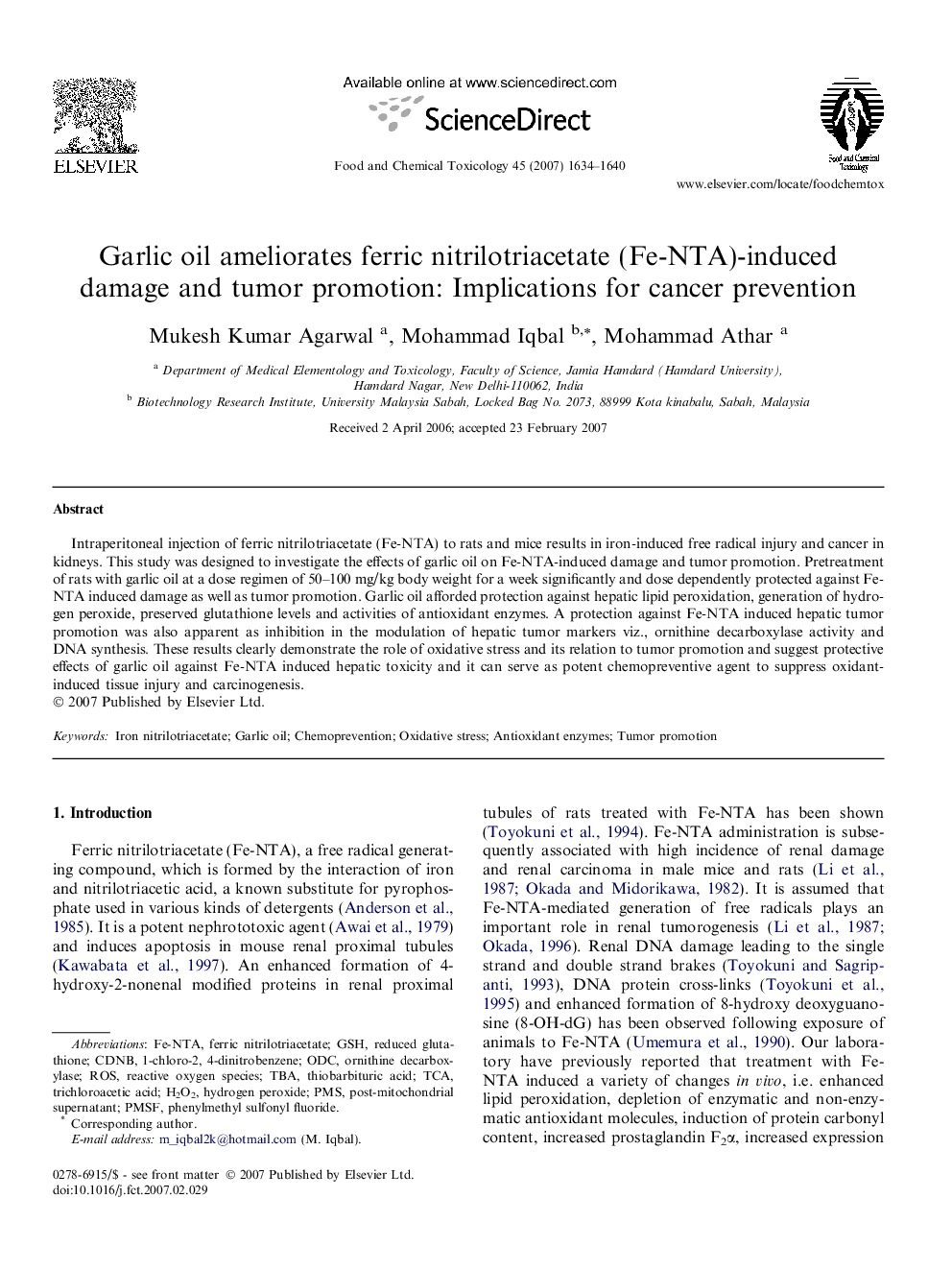 Garlic oil ameliorates ferric nitrilotriacetate (Fe-NTA)-induced damage and tumor promotion: Implications for cancer prevention