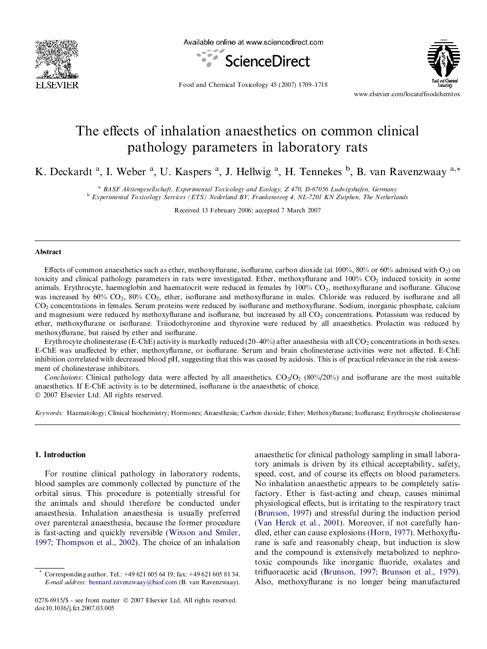 The effects of inhalation anaesthetics on common clinical pathology parameters in laboratory rats