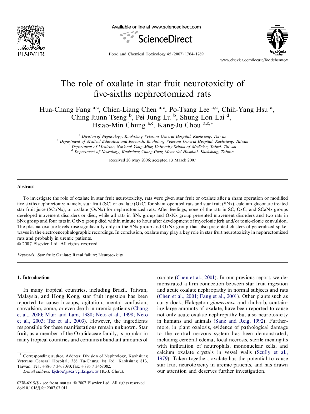 The role of oxalate in star fruit neurotoxicity of five-sixths nephrectomized rats