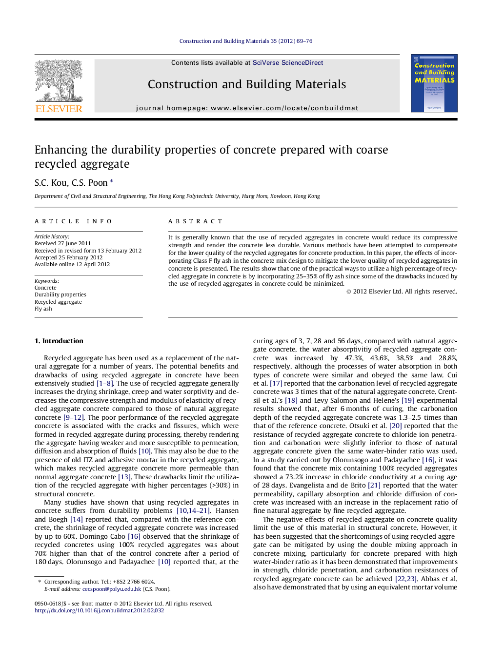 Enhancing the durability properties of concrete prepared with coarse recycled aggregate