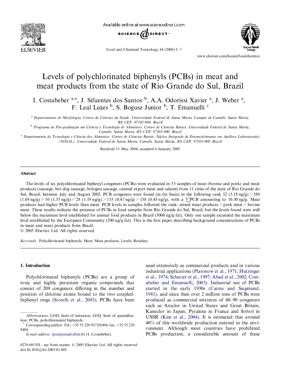 Levels of polychlorinated biphenyls (PCBs) in meat and meat products from the state of Rio Grande do Sul, Brazil