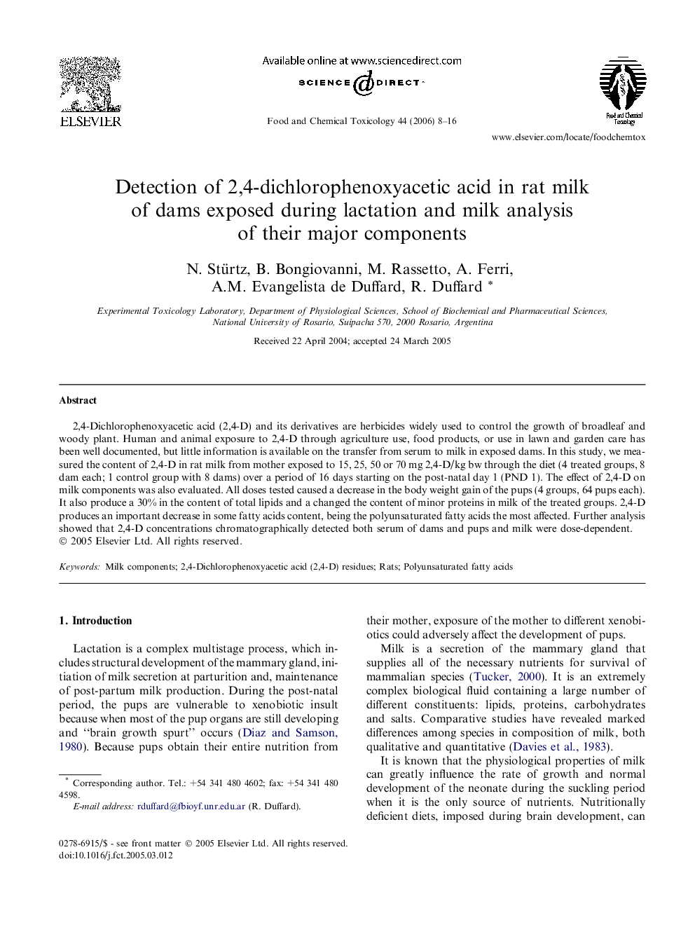 Detection of 2,4-dichlorophenoxyacetic acid in rat milk of dams exposed during lactation and milk analysis of their major components