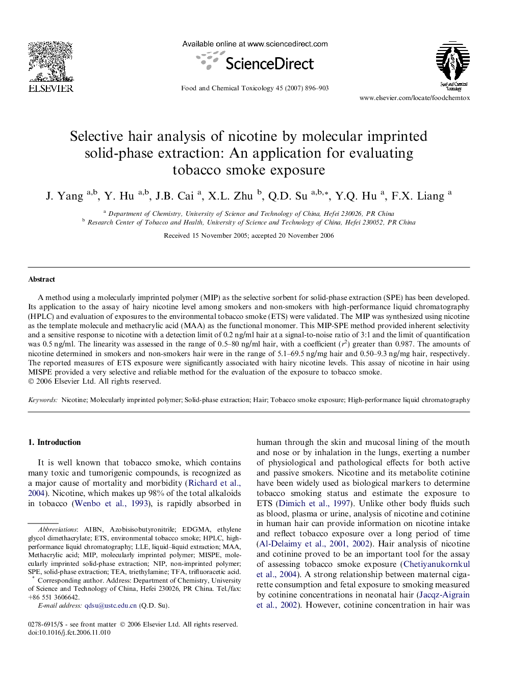 Selective hair analysis of nicotine by molecular imprinted solid-phase extraction: An application for evaluating tobacco smoke exposure