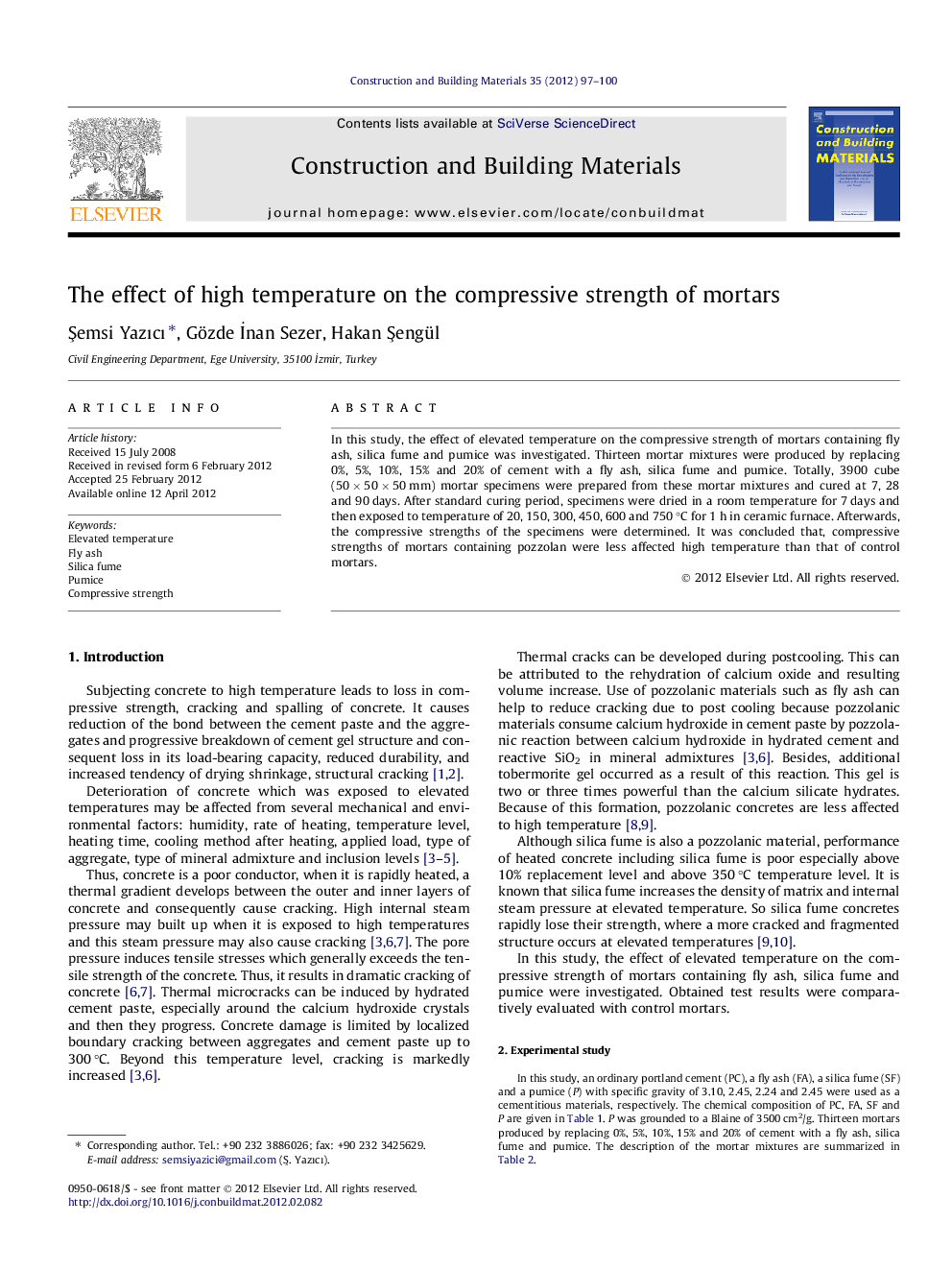 The effect of high temperature on the compressive strength of mortars