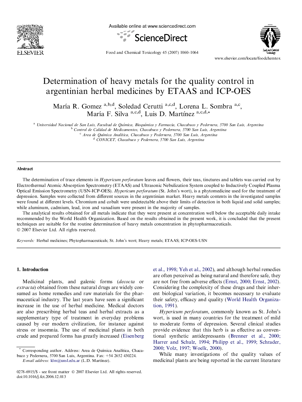 Determination of heavy metals for the quality control in argentinian herbal medicines by ETAAS and ICP-OES