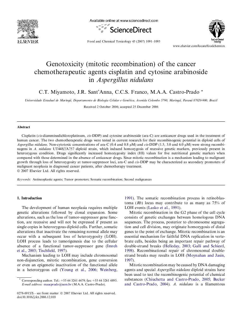 Genotoxicity (mitotic recombination) of the cancer chemotherapeutic agents cisplatin and cytosine arabinoside in Aspergillus nidulans