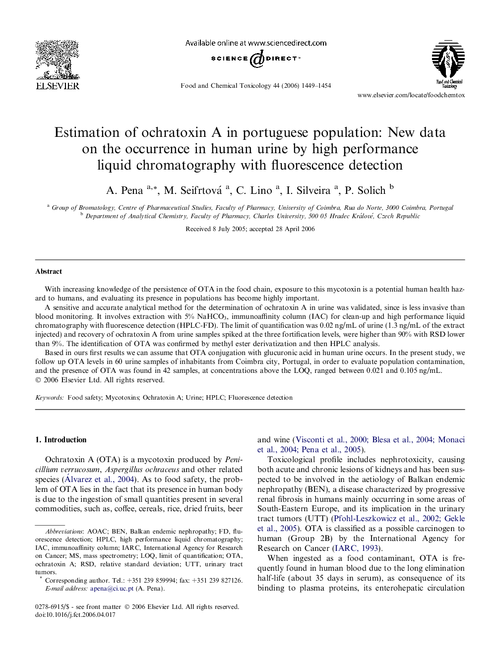 Estimation of ochratoxin A in portuguese population: New data on the occurrence in human urine by high performance liquid chromatography with fluorescence detection