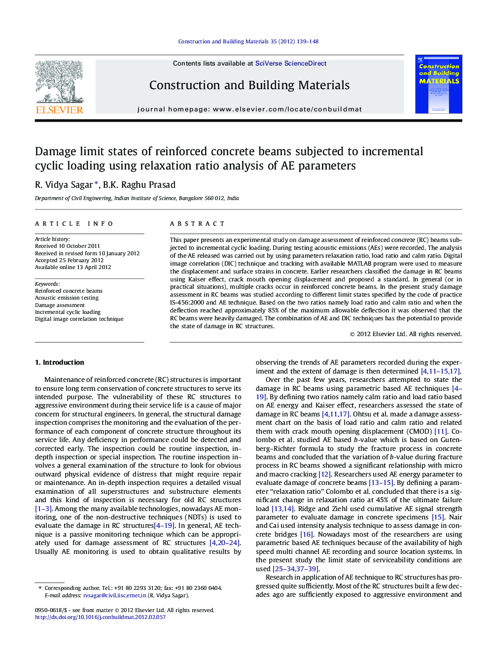 Damage limit states of reinforced concrete beams subjected to incremental cyclic loading using relaxation ratio analysis of AE parameters