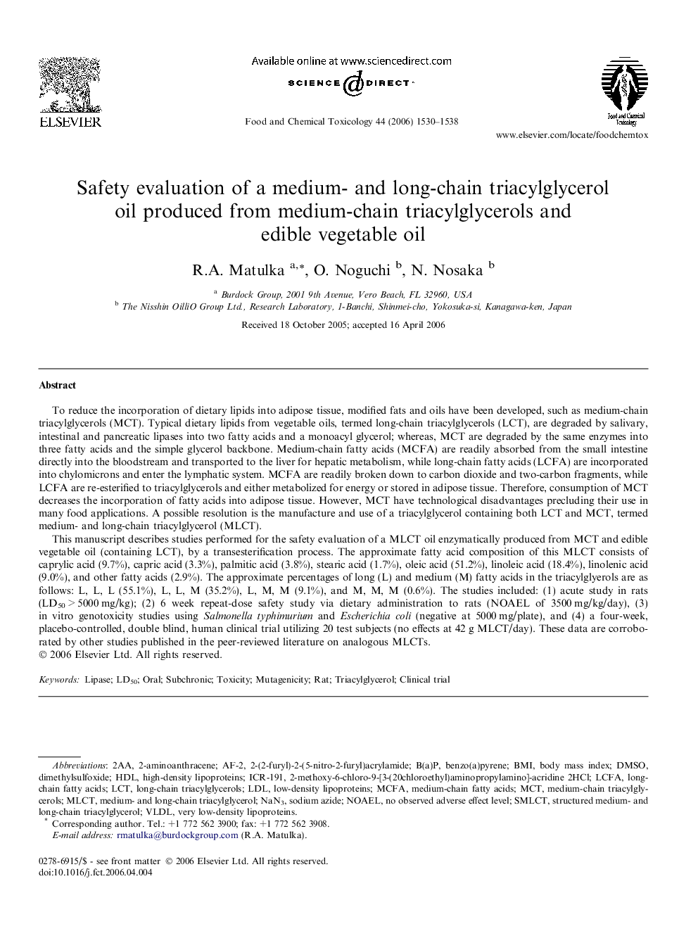 Safety evaluation of a medium- and long-chain triacylglycerol oil produced from medium-chain triacylglycerols and edible vegetable oil