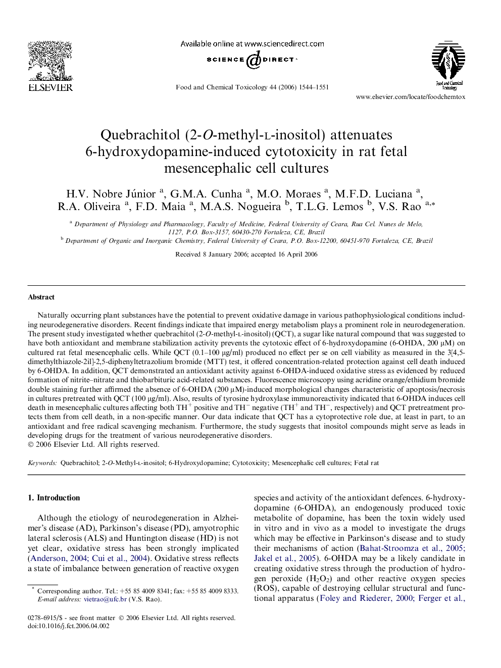 Quebrachitol (2-O-methyl-l-inositol) attenuates 6-hydroxydopamine-induced cytotoxicity in rat fetal mesencephalic cell cultures