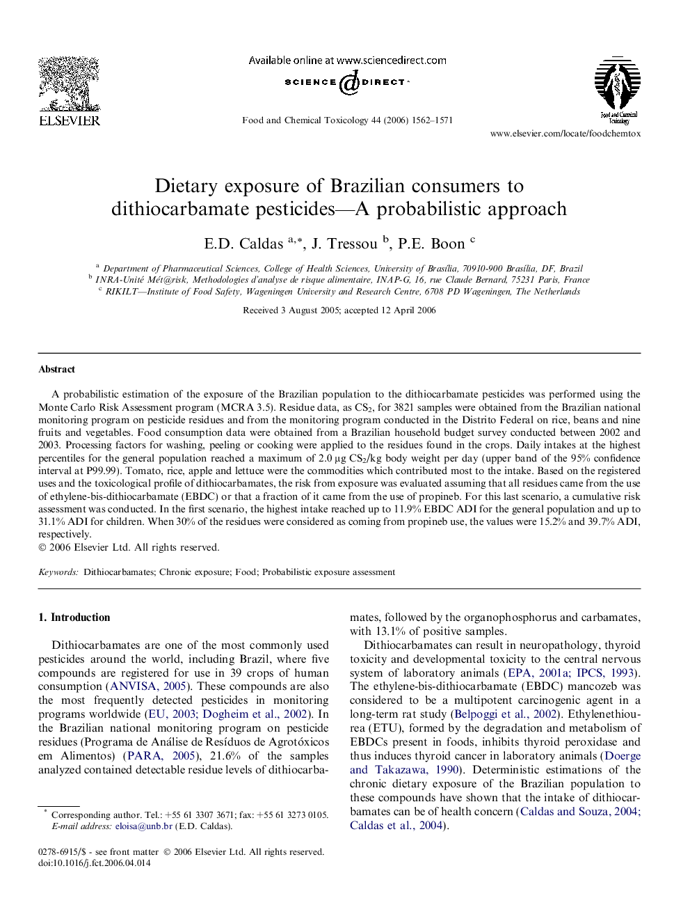 Dietary exposure of Brazilian consumers to dithiocarbamate pesticides—A probabilistic approach