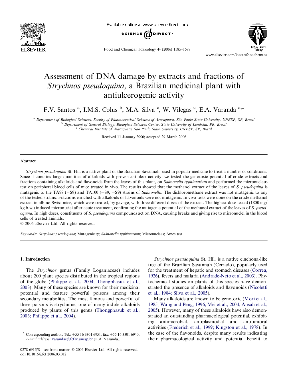 Assessment of DNA damage by extracts and fractions of Strychnos pseudoquina, a Brazilian medicinal plant with antiulcerogenic activity