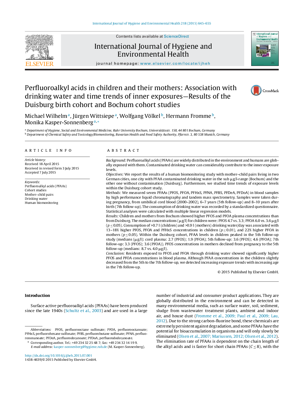 Perfluoroalkyl acids in children and their mothers: Association with drinking water and time trends of inner exposures—Results of the Duisburg birth cohort and Bochum cohort studies