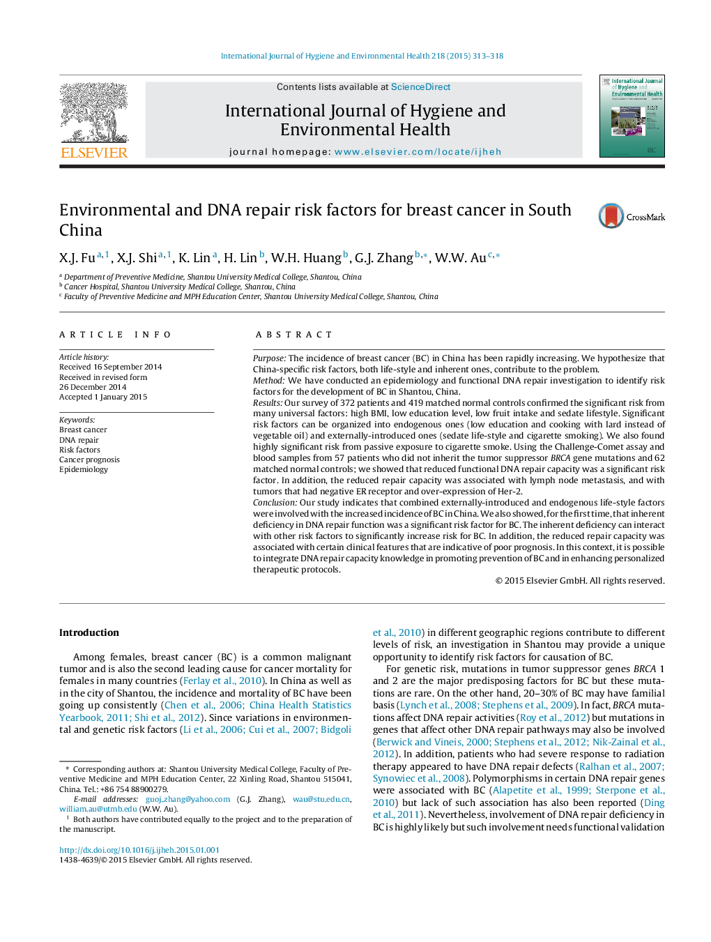 Environmental and DNA repair risk factors for breast cancer in South China