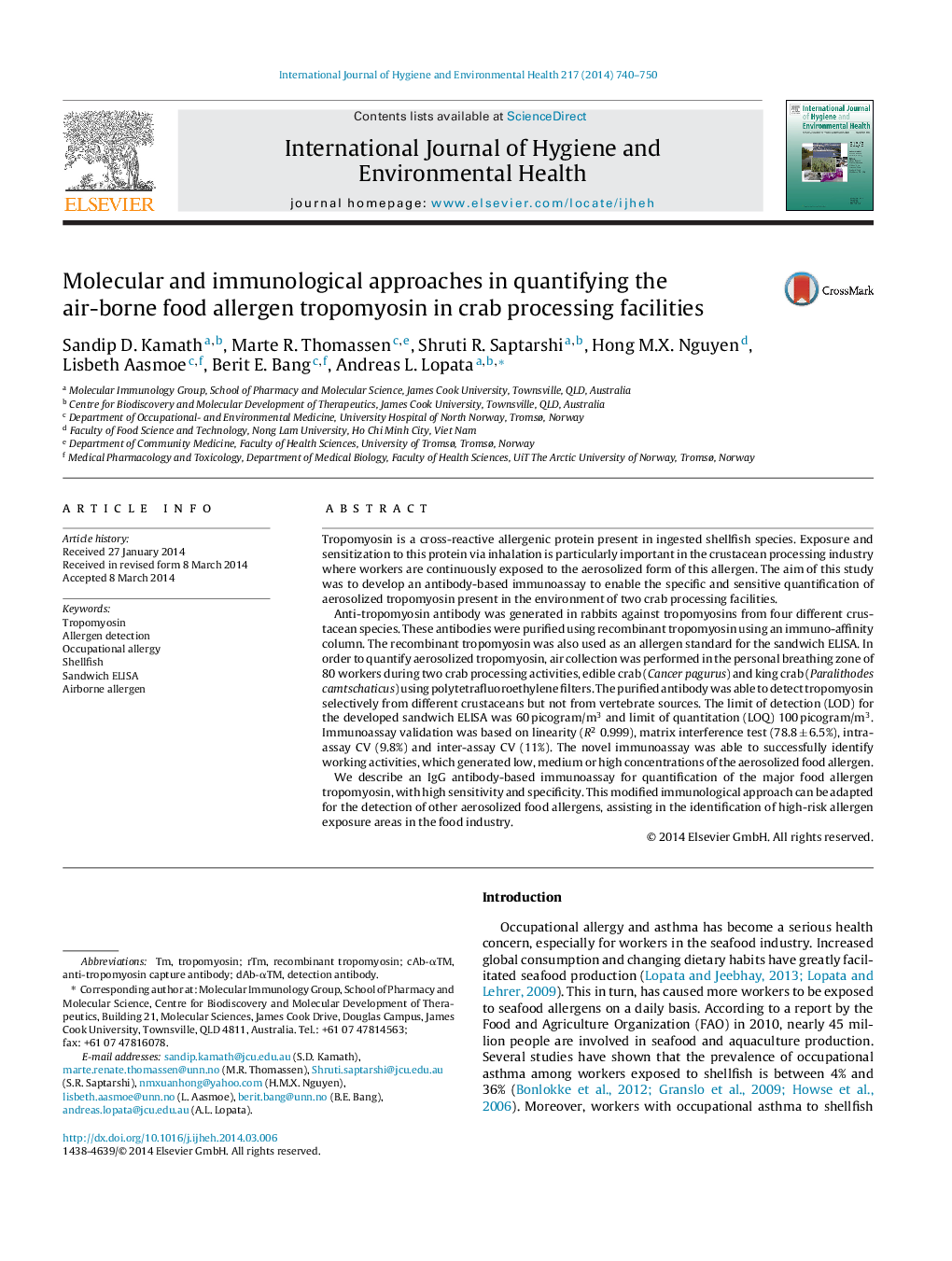 Molecular and immunological approaches in quantifying the air-borne food allergen tropomyosin in crab processing facilities