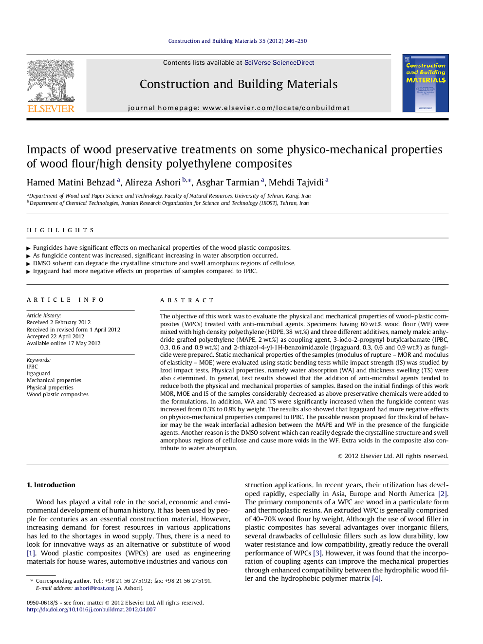 Impacts of wood preservative treatments on some physico-mechanical properties of wood flour/high density polyethylene composites