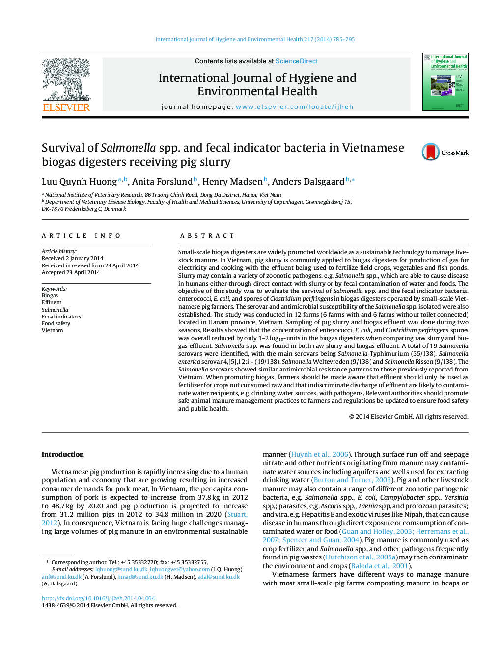 Survival of Salmonella spp. and fecal indicator bacteria in Vietnamese biogas digesters receiving pig slurry