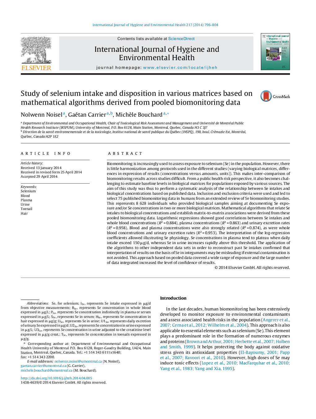 Study of selenium intake and disposition in various matrices based on mathematical algorithms derived from pooled biomonitoring data