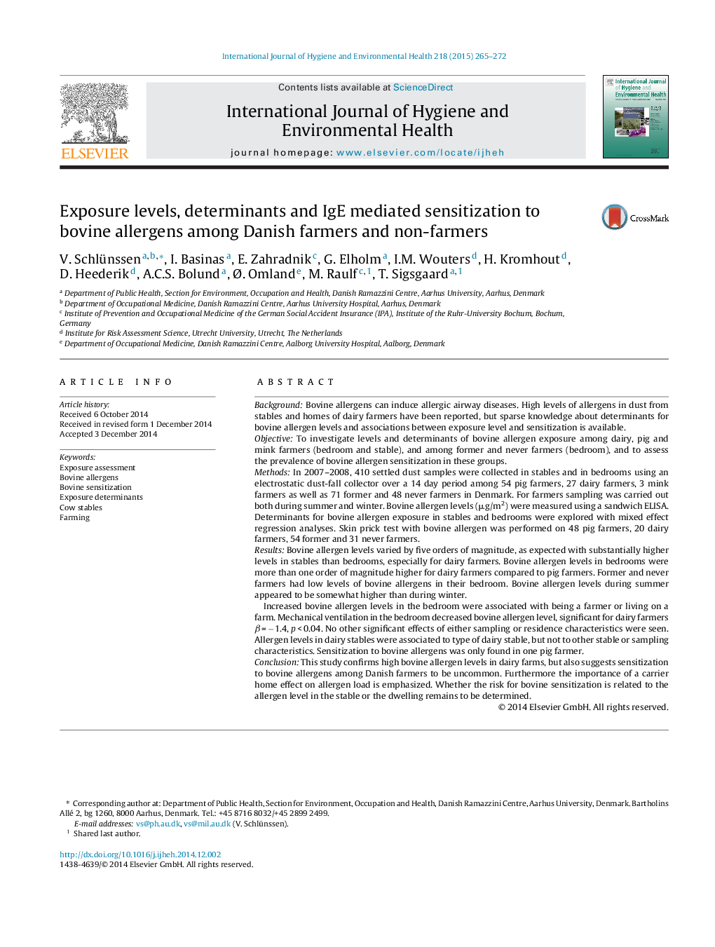 Exposure levels, determinants and IgE mediated sensitization to bovine allergens among Danish farmers and non-farmers