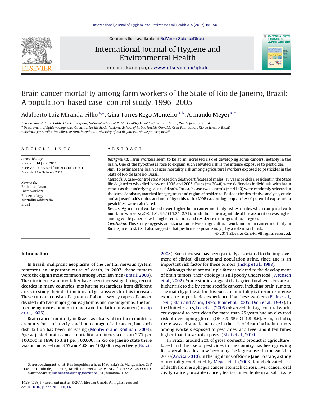 Brain cancer mortality among farm workers of the State of Rio de Janeiro, Brazil: A population-based case–control study, 1996–2005