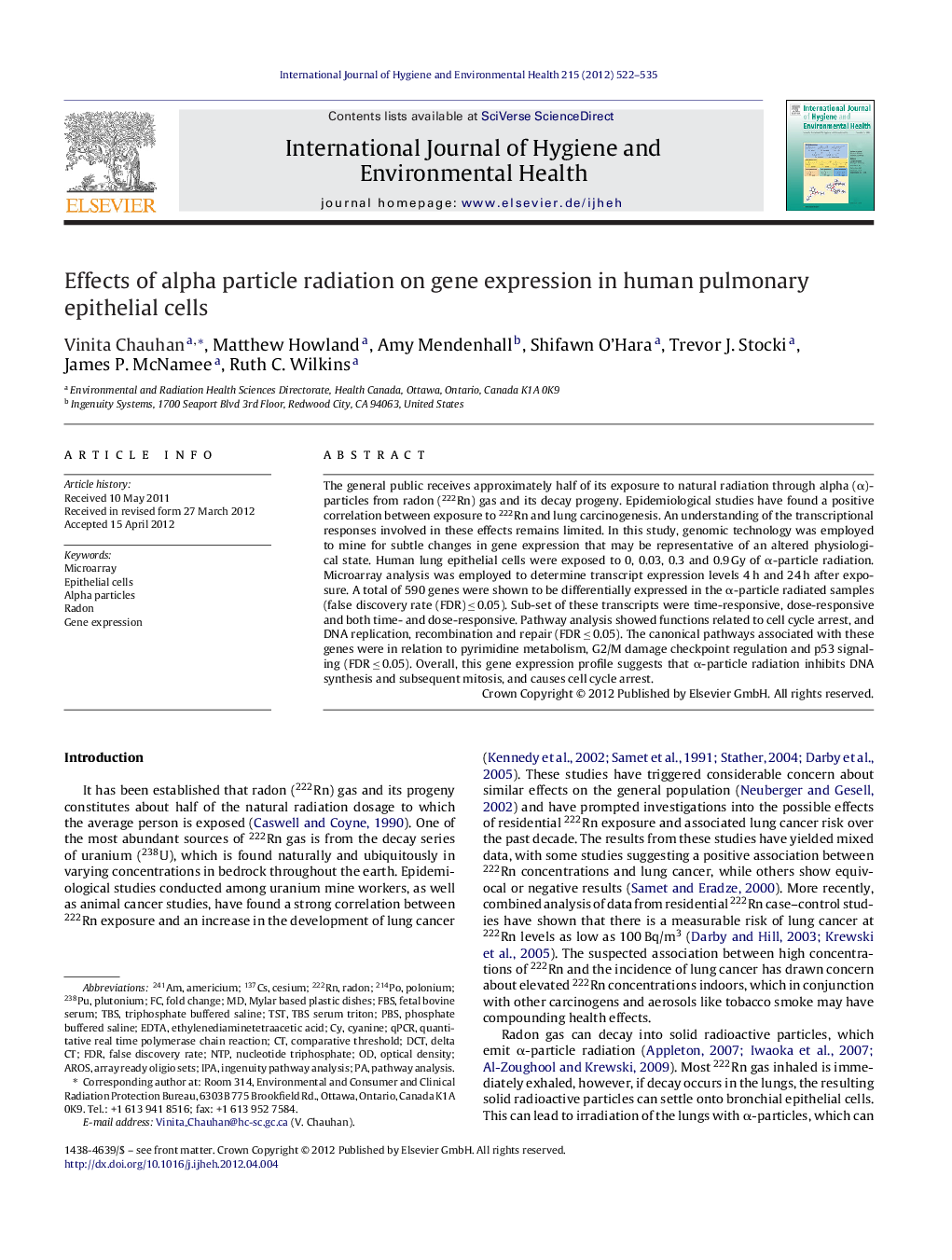 Effects of alpha particle radiation on gene expression in human pulmonary epithelial cells