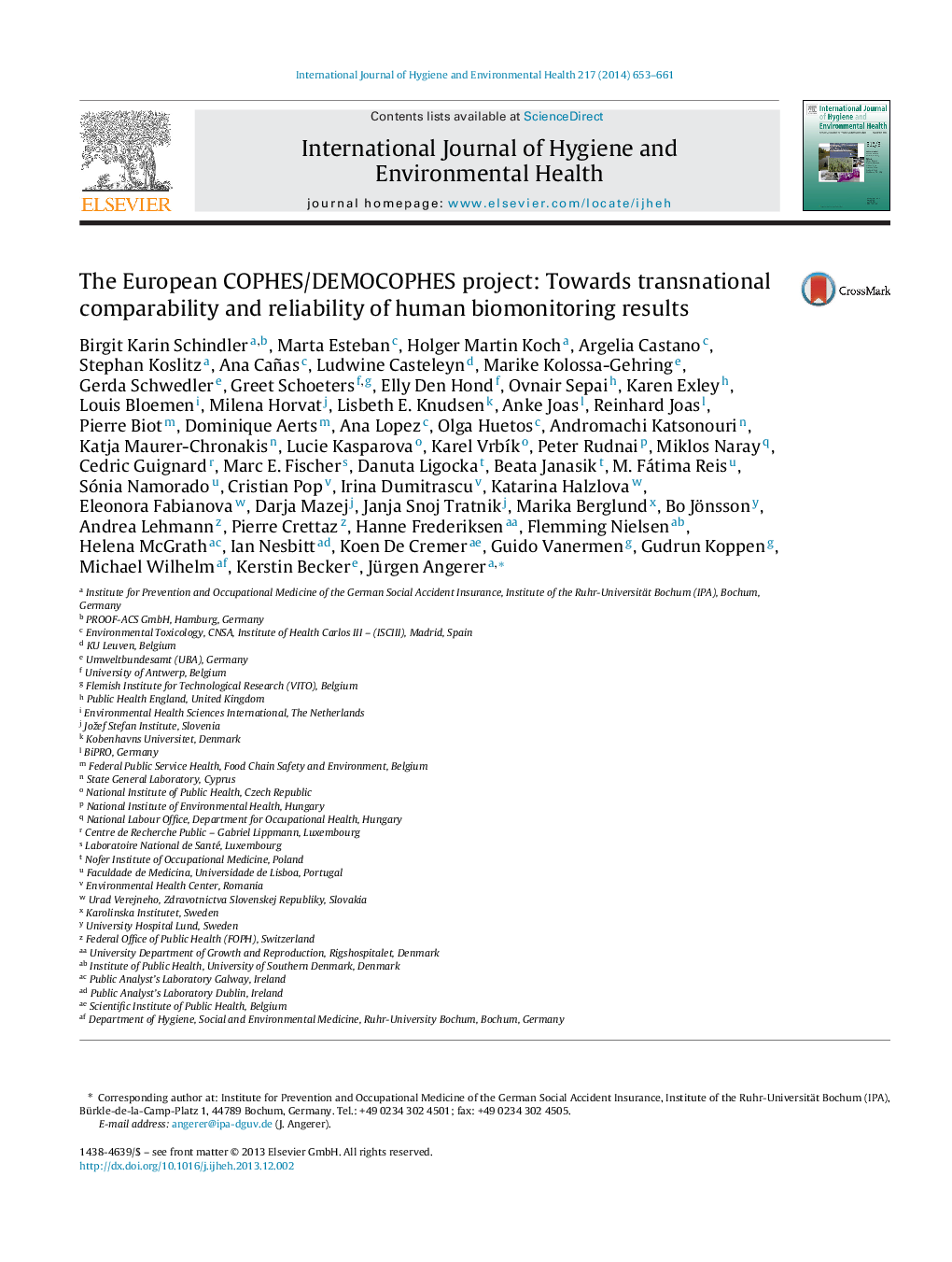 The European COPHES/DEMOCOPHES project: Towards transnational comparability and reliability of human biomonitoring results