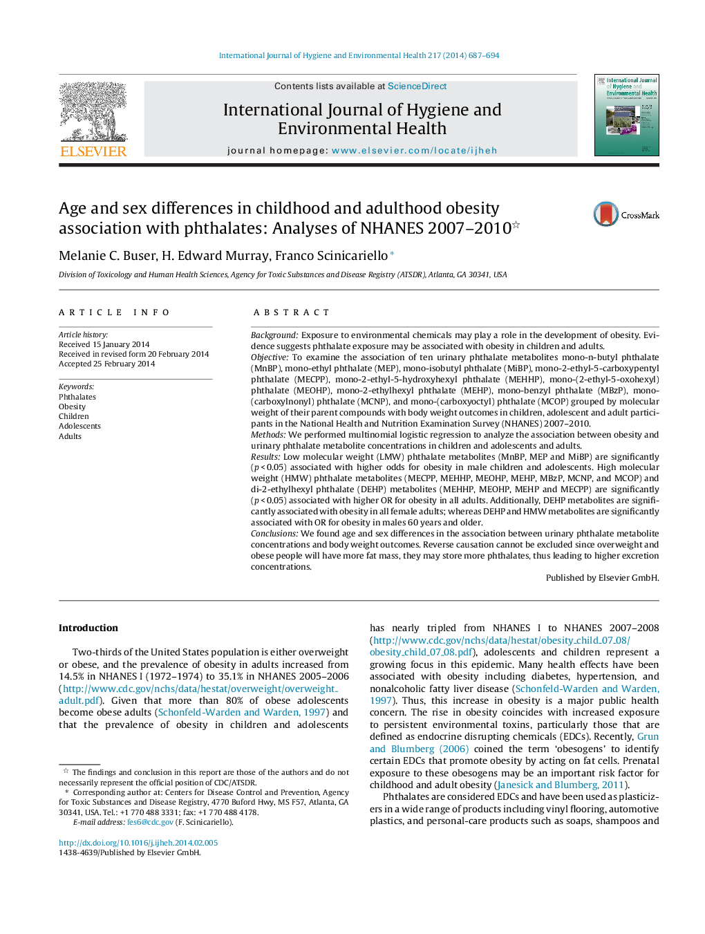 Age and sex differences in childhood and adulthood obesity association with phthalates: Analyses of NHANES 2007–2010 