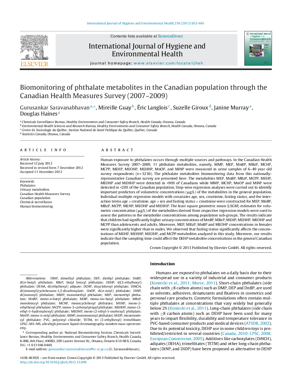 Biomonitoring of phthalate metabolites in the Canadian population through the Canadian Health Measures Survey (2007–2009)