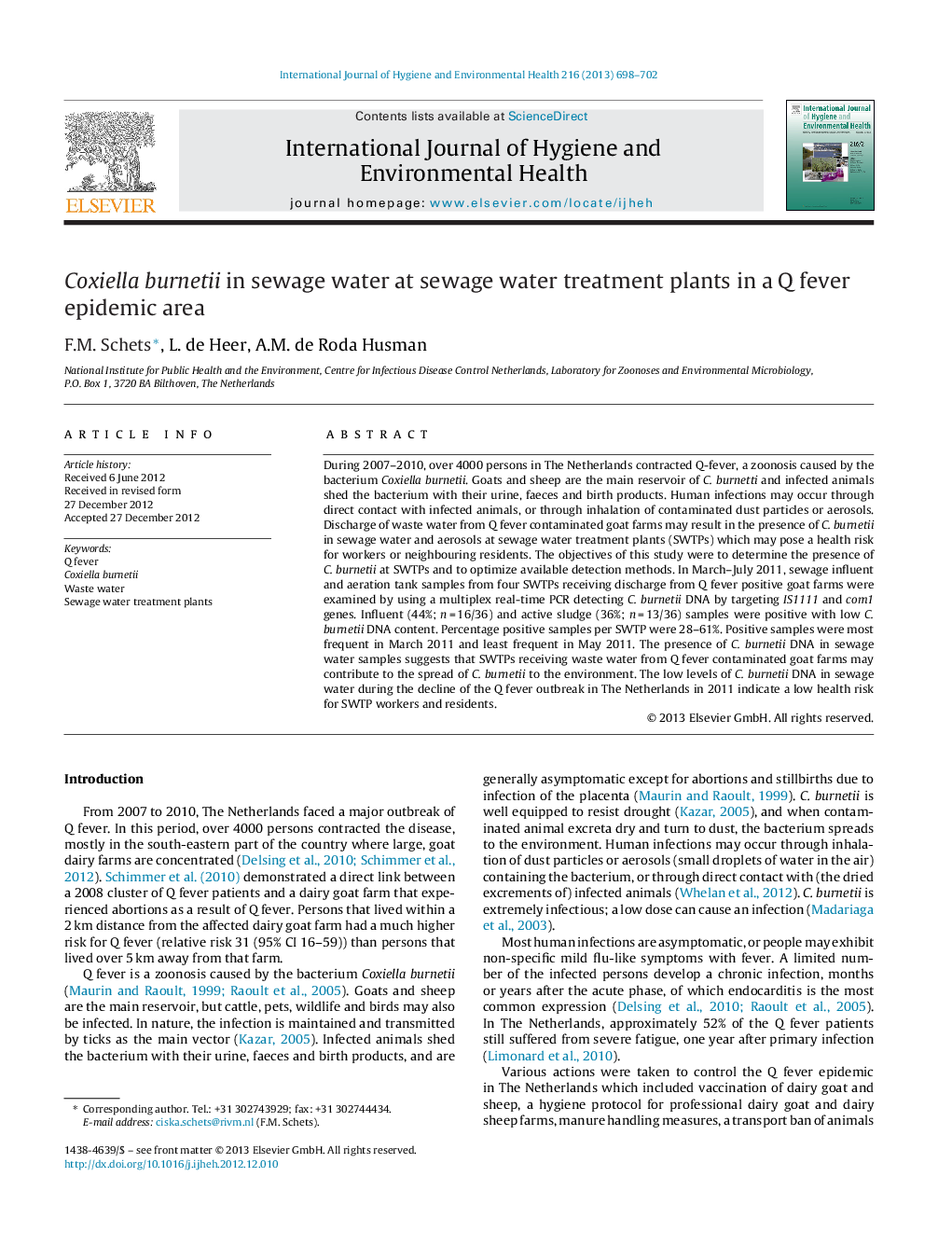 Coxiella burnetii in sewage water at sewage water treatment plants in a Q fever epidemic area