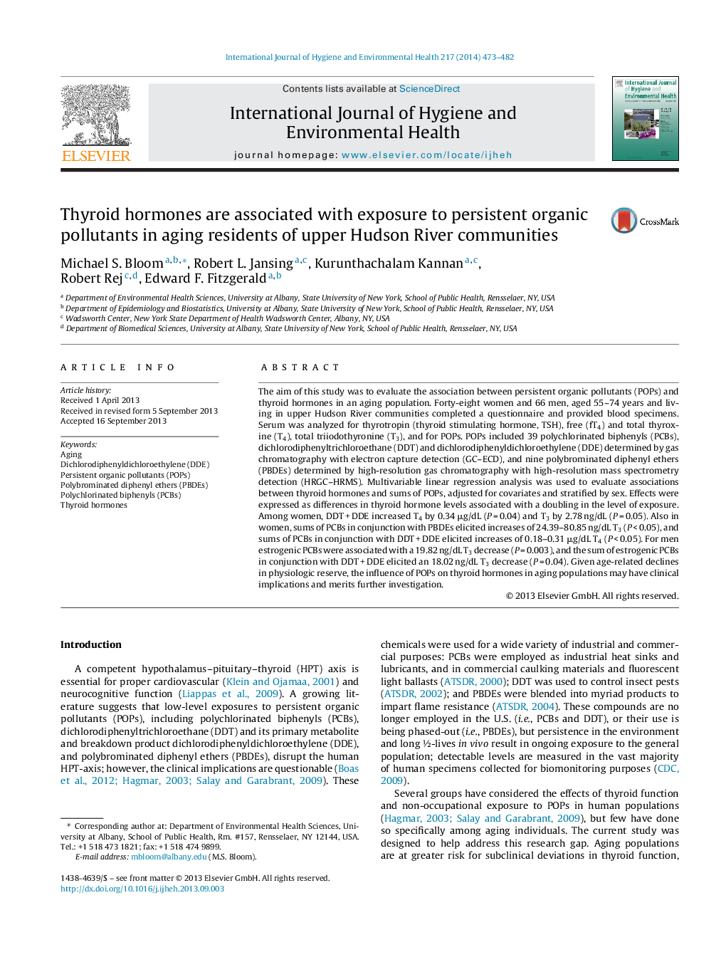 Thyroid hormones are associated with exposure to persistent organic pollutants in aging residents of upper Hudson River communities