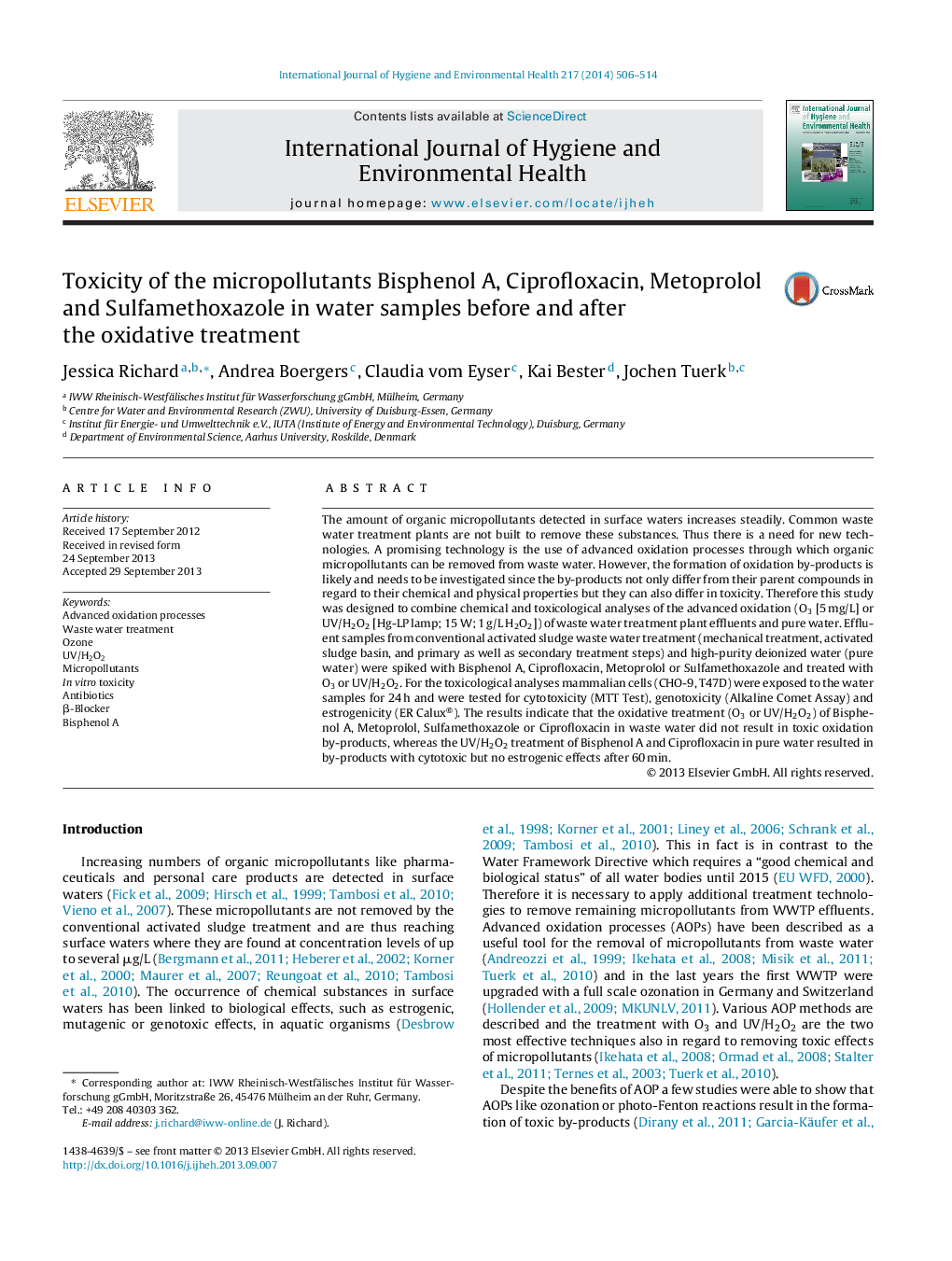 Toxicity of the micropollutants Bisphenol A, Ciprofloxacin, Metoprolol and Sulfamethoxazole in water samples before and after the oxidative treatment