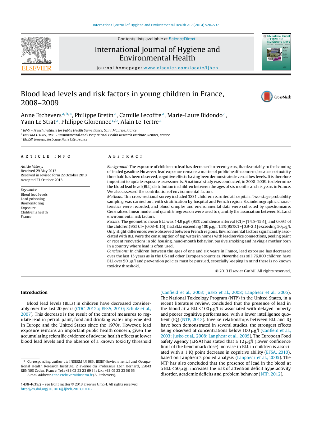 Blood lead levels and risk factors in young children in France, 2008–2009