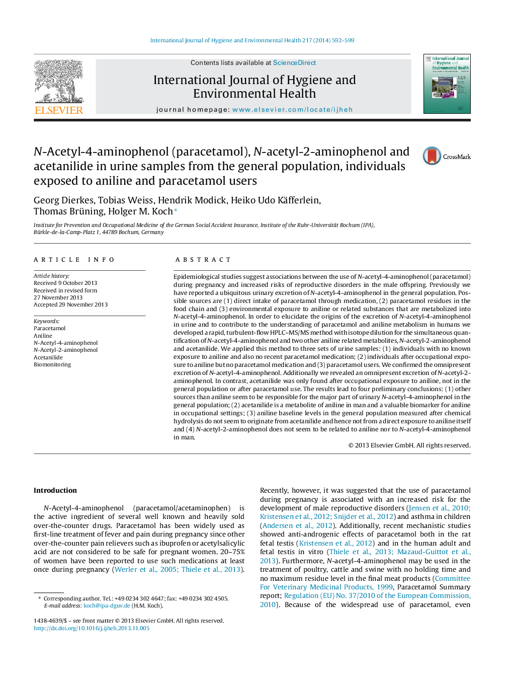 N-Acetyl-4-aminophenol (paracetamol), N-acetyl-2-aminophenol and acetanilide in urine samples from the general population, individuals exposed to aniline and paracetamol users