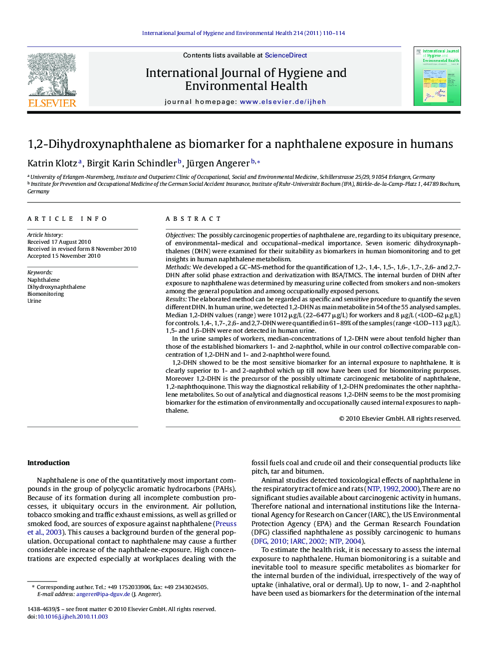 1,2-Dihydroxynaphthalene as biomarker for a naphthalene exposure in humans