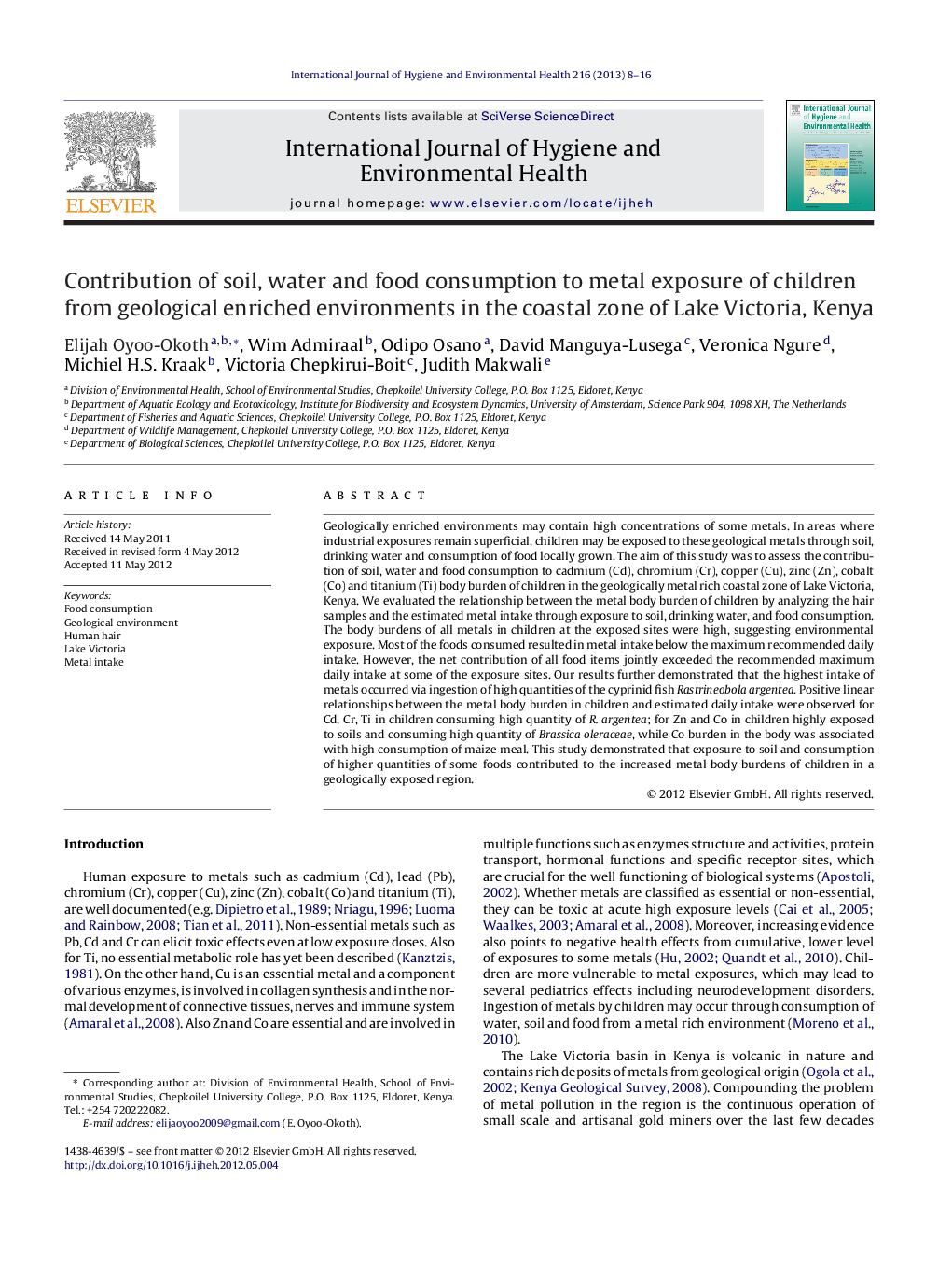 Contribution of soil, water and food consumption to metal exposure of children from geological enriched environments in the coastal zone of Lake Victoria, Kenya