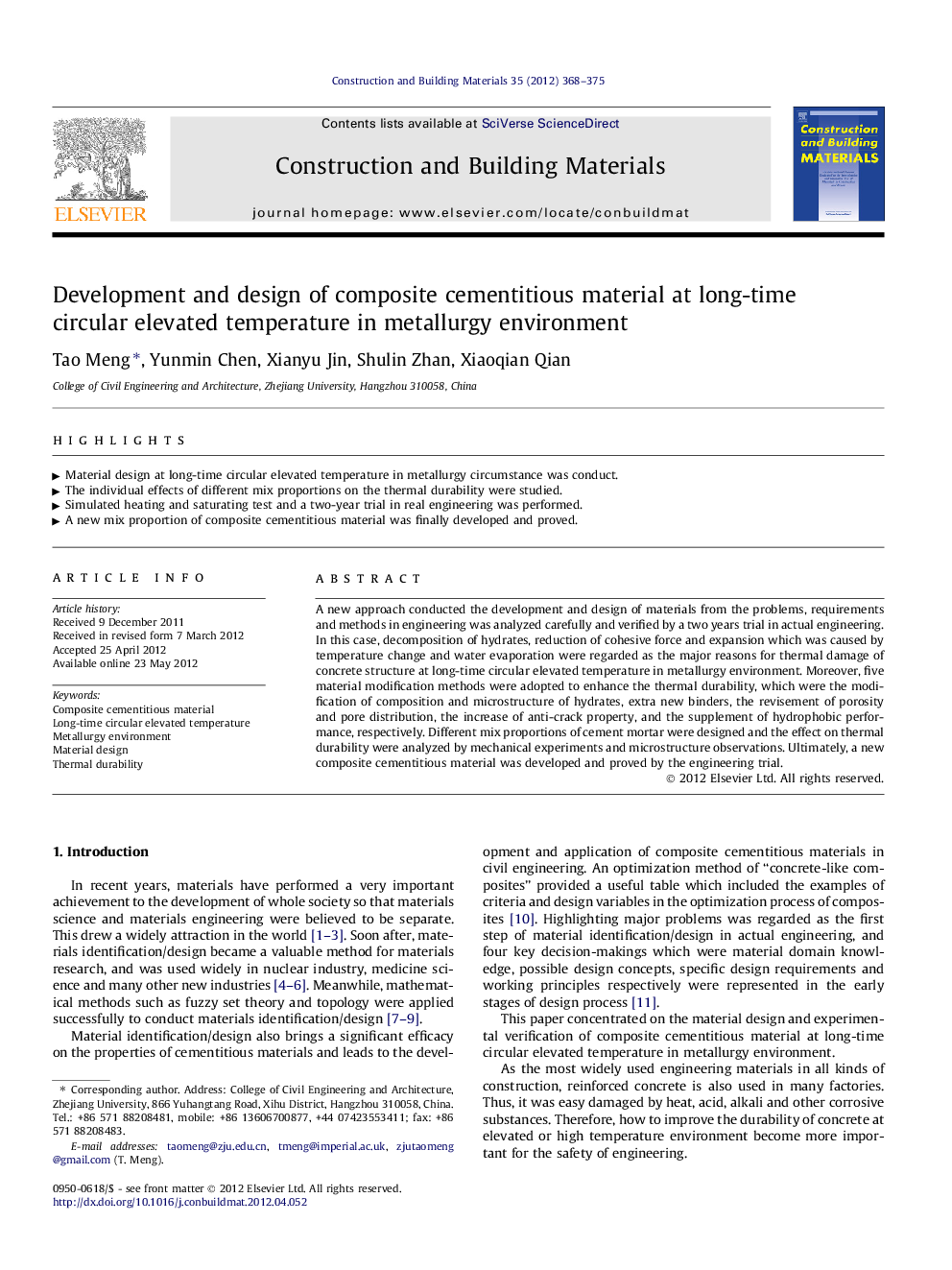 Development and design of composite cementitious material at long-time circular elevated temperature in metallurgy environment