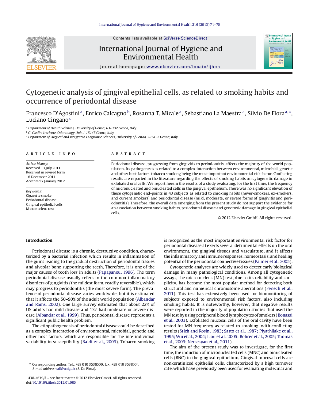 Cytogenetic analysis of gingival epithelial cells, as related to smoking habits and occurrence of periodontal disease