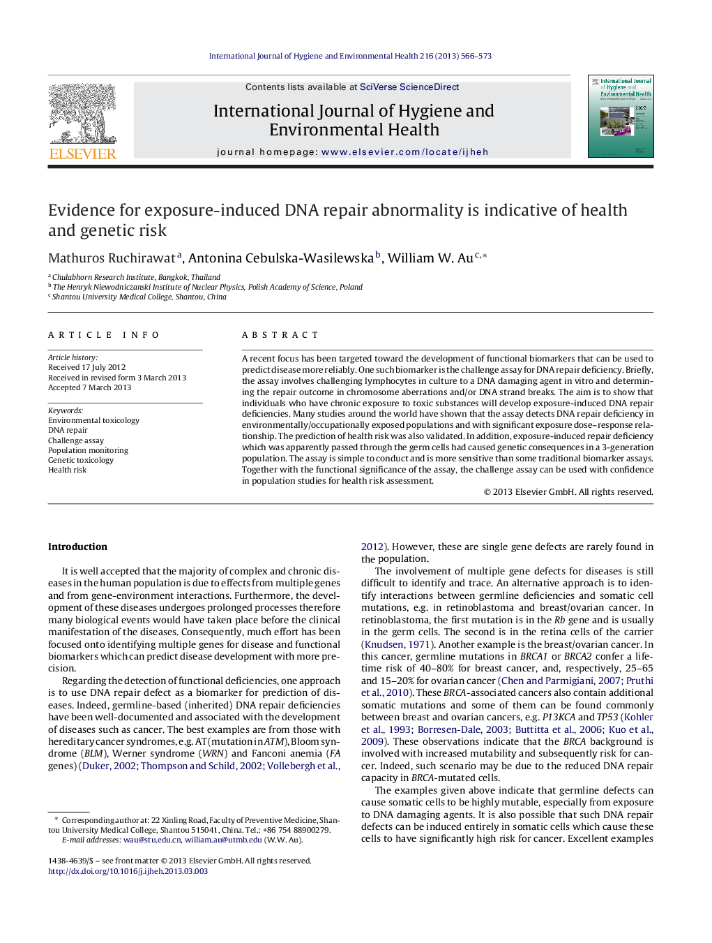 Evidence for exposure-induced DNA repair abnormality is indicative of health and genetic risk