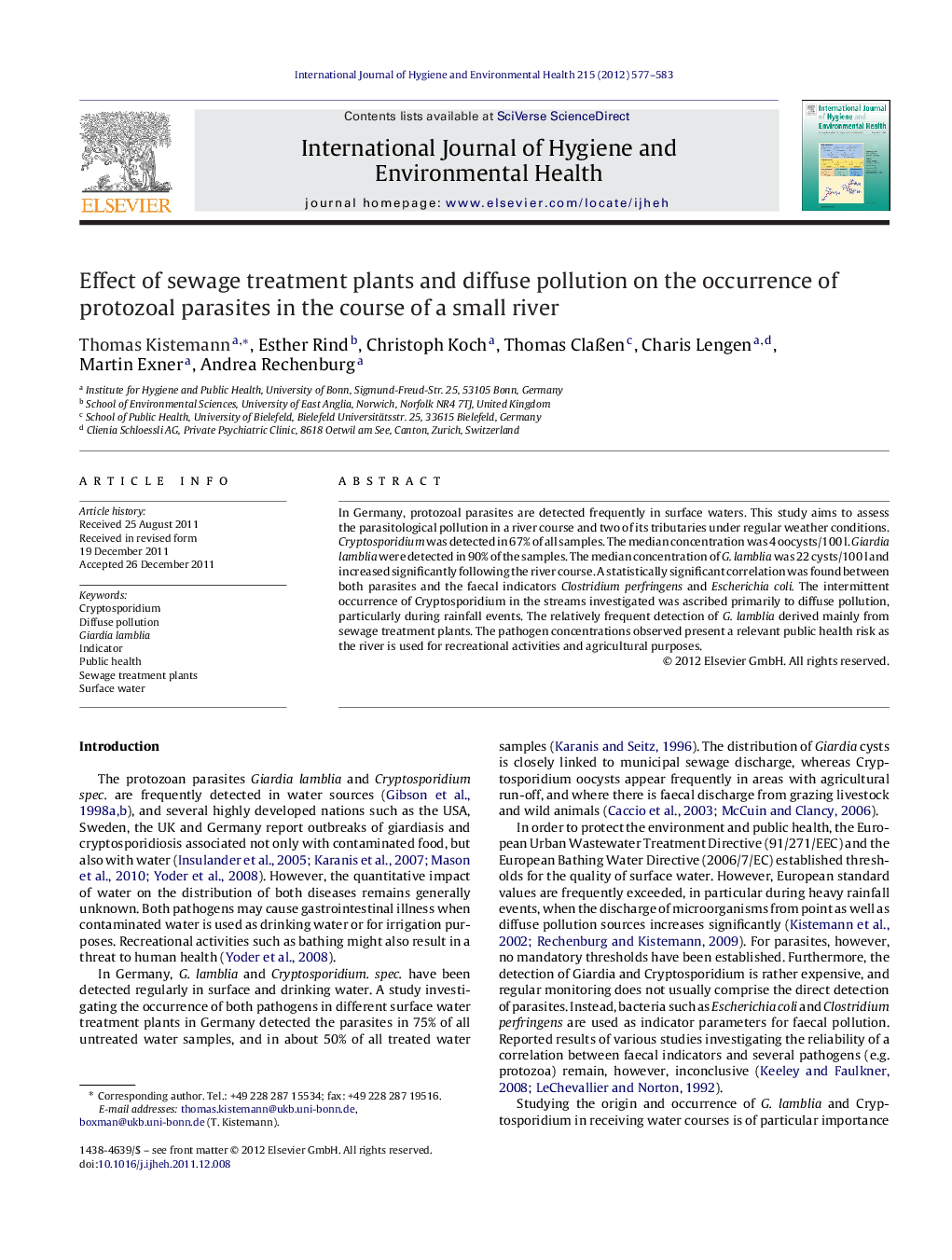 Effect of sewage treatment plants and diffuse pollution on the occurrence of protozoal parasites in the course of a small river