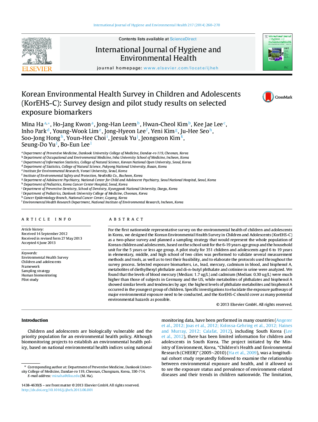 Korean Environmental Health Survey in Children and Adolescents (KorEHS-C): Survey design and pilot study results on selected exposure biomarkers